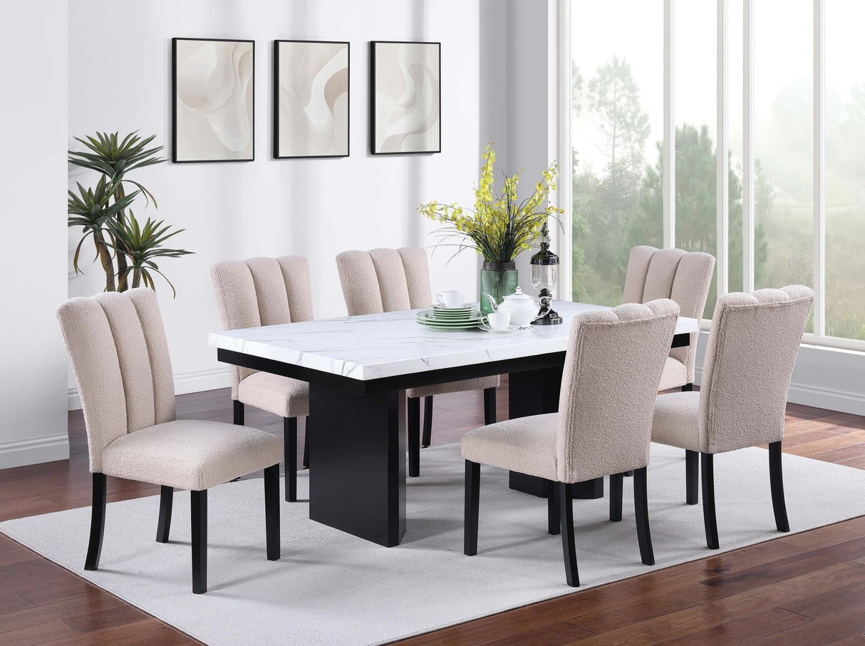 Classic Two-Tone Design White Faux Marble Top Dining Table 6x Side Chairs 7pc Dining Set Dining Room Furniture