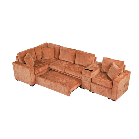 120.5' L-shaped Convertible Sofa Bed Modular Sectional Sofa Reversible Sleeper with Pull-Out Bed, Cup Holders, and Ample Storage Space for Living Room(Old SKU:N719S001940G), Orange - sold by Home Elegance USA