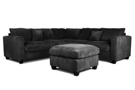 Modern Style L-Shaped 4pc Sectional Set Cocktail Ottoman Square Arms Throw Pillow Corduroy Upholstered Black Finish Primary Living Room - sold by Home Elegance USA