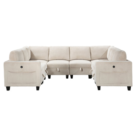 8-Piece Modular Sectional with Storage Seats, Side Pockets, Charging Ports Beige Corduroy Fabric Modern Living Room Sectional Couch Solid Wood Furniture - sold by Home Elegance USA
