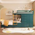 Full Size Bunk Bed with 2 Large Drawers & 5 Small Drawers, MDF & Solid Wood Construction, Modern Storage Design with Small Wardrobe –Morandi Green