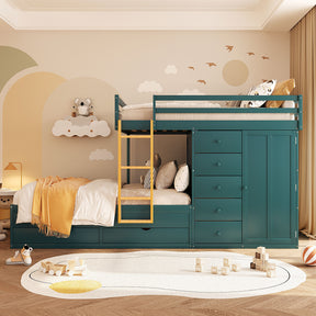 Full Size Bunk Bed with 2 Large Drawers & 5 Small Drawers, MDF & Solid Wood Construction, Modern Storage Design with Small Wardrobe –Morandi Green