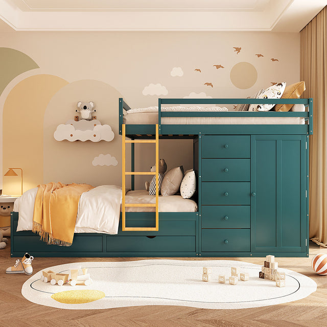 Full Size Bunk Bed with 2 Large Drawers & 5 Small Drawers, MDF & Solid Wood Construction, Modern Storage Design with Small Wardrobe –Morandi Green