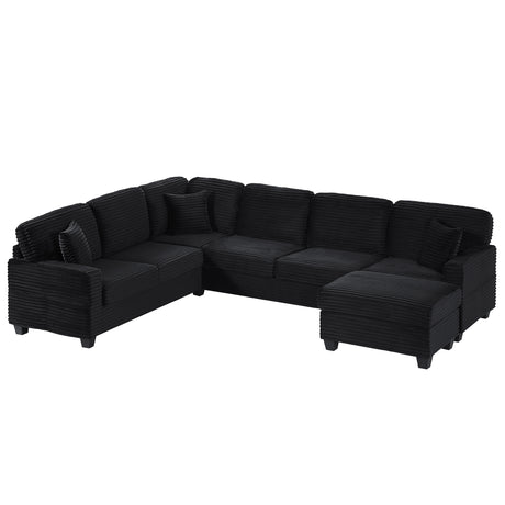 Upholstered U-shaped Sectional Sofa with Movable Ottoman and Side Storage Pockets in Black Corduroy, 125.2 inches - sold by Home Elegance USA