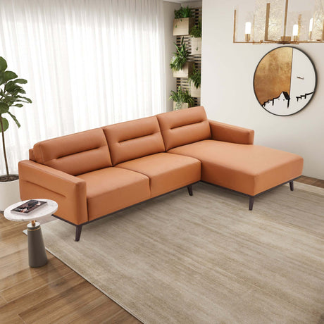 Ella Mid Century Modern L-Shaped Sectional Couch with Cognac Vegan Leather and Solid Wood Frame - sold by Home Elegance USA