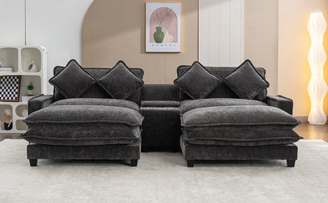 Modern Chenille Upholstered Sectional Sofa with Ottomans, USB Ports, Cup Holders, and Storage in Grey - sold by Home Elegance USA