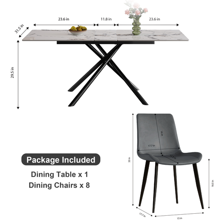 Modern 59-inch Expandable Dining Table with Retractable Leaf, Charred Stone Top & Black Carbon Steel X-Base, 4-8 Person Set with 8 Gray PU Chairs for Small Apartments, Kitchen - sold by Home Elegance USA