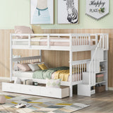 Stairway Full-Over-Full Bunk Bed with Drawer, Storage and Guard Rail for Bedroom, White - sold by Home Elegance USA