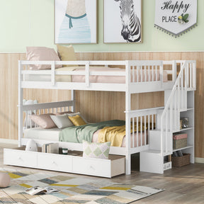 Stairway Full-Over-Full Bunk Bed with Drawer, Storage and Guard Rail for Bedroom, White - sold by Home Elegance USA