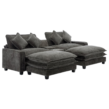 Modern Chenille Upholstered Sectional Sofa with Ottomans, USB Ports, Cup Holders, and Storage in Grey - sold by Home Elegance USA