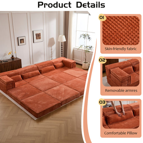 Compression Mahjong Sofa,Convertible Floor Sofa Bed,DIY Boneless Modular Sectional Sofa,No Assembly Required,Circle fleece fabric,Oversized 4 Seater with 2 Ottoman,Orange - sold by Home Elegance USA