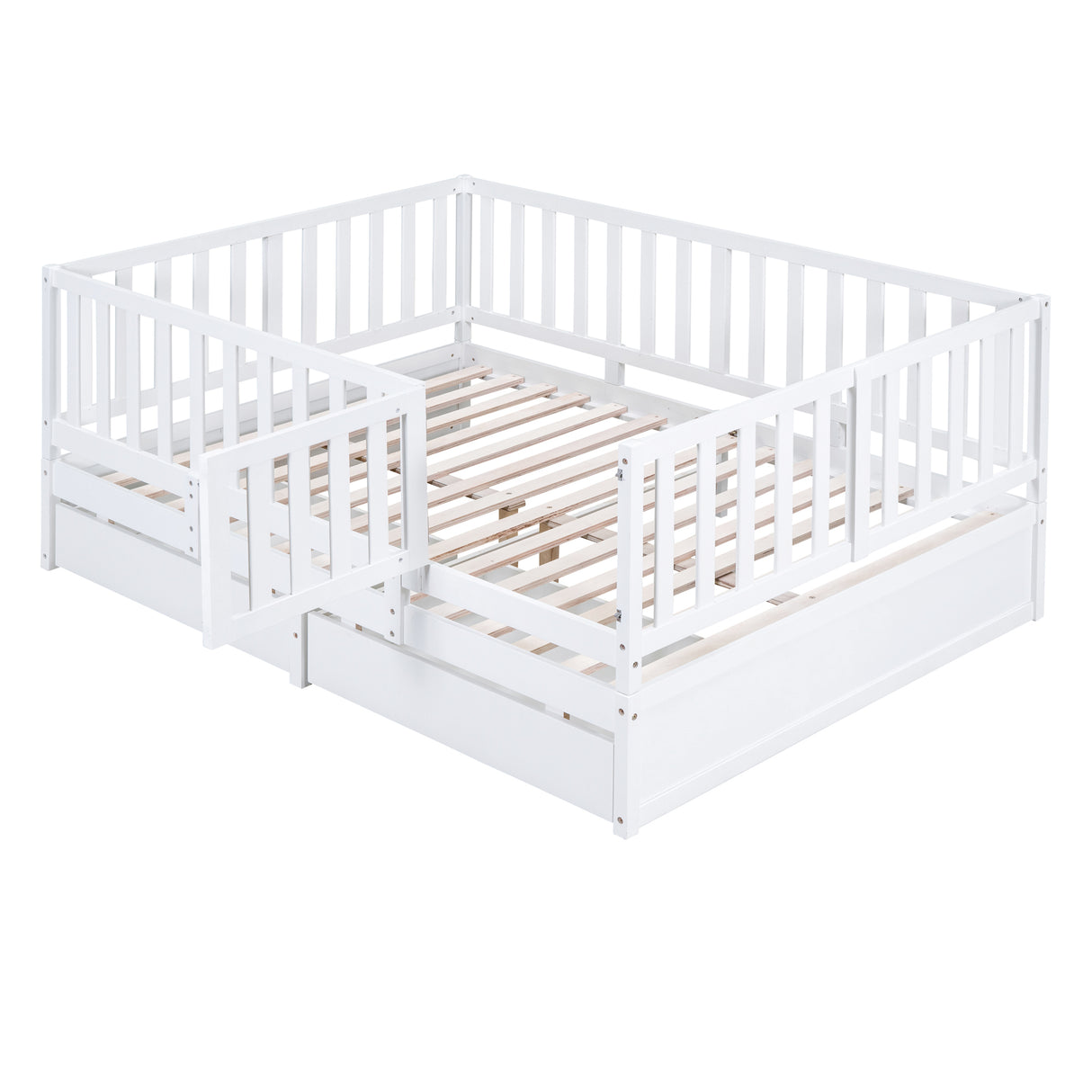 Full Size Wood Daybed with Fence Guardrails and 2 Drawers, Split into Independent Floor Bed & Daybed, White - Home Elegance USA
