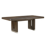 Modern Rectangular Dining Table with Extension Leaf Durable Unique Metallic Accent Base Brown Finish Wooden Dining Furniture 1pc