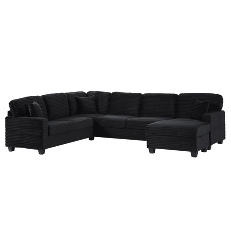 Upholstered U-shaped Sectional Sofa with Movable Ottoman and Side Storage Pockets in Black Corduroy, 125.2 inches - sold by Home Elegance USA