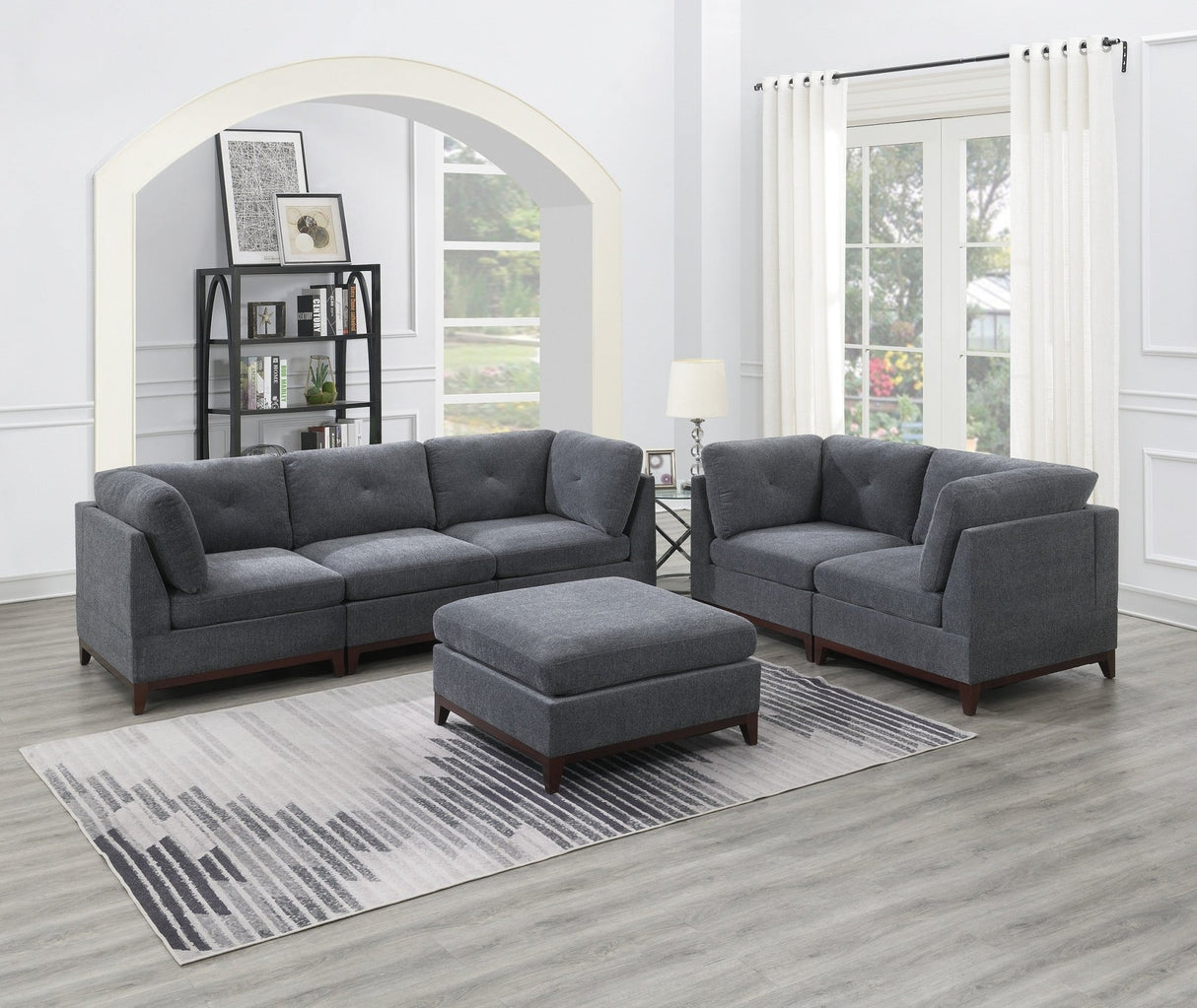 Ash Grey Chenille Fabric Modular Sofa Set 6pc Set Living Room Furniture Couch Sofa Loveseat 4x Corner Wedge 1x Armless Chair and 1x Ottoman Tufted Back Exposed Wooden Base | Home Elegance USA