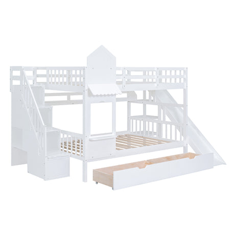 Full-Over-Full Castle Style Bunk Bed with 2 Drawers 3 Shelves and Slide - White(OLD SKU:LT000558AAK-2) - sold by Home Elegance USA