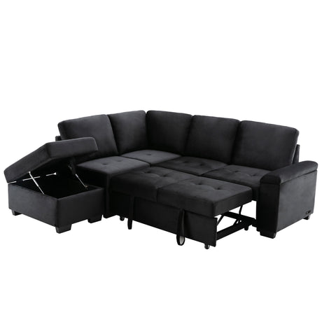 Sleeper Sectional Sofa, L-Shape Corner Couch Sofa-Bed with Storage Ottoman & Hidden Arm Storage & USB Charge  for Living Room Apartment, Black - sold by Home Elegance USA