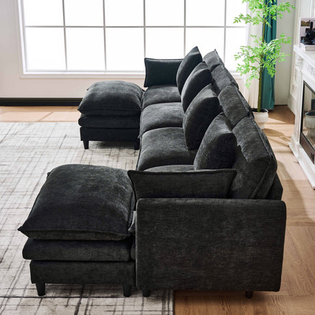 140.9-inch U-shaped modular sectional sofa, suitable for living room or bedroom. It comes with 2 movable ottomans, 4 cushions and 2 throw pillows. Made of soft cashmere fabric, in black - sold by Home Elegance USA