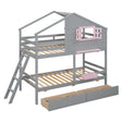 Playhouse-Inspired Twin over Twin Bunk Bed with Drawers, Storage Box, Shelf, Window, and Roof in Gray Pinewood