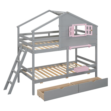 Playhouse-Inspired Twin over Twin Bunk Bed with Drawers, Storage Box, Shelf, Window, and Roof in Gray Pinewood