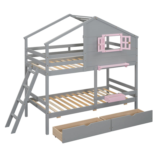 Playhouse-Inspired Twin over Twin Bunk Bed with Drawers, Storage Box, Shelf, Window, and Roof in Gray Pinewood