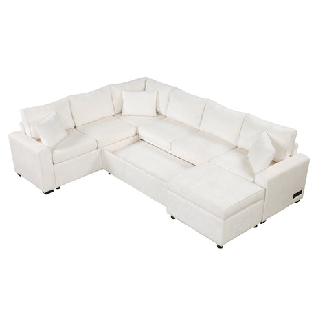 Cream Tweed Chenille Sectional Sofa with Pull-out Bed and Storage Ottoman, 112.2' for Living Room - sold by Home Elegance USA