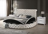 Unique Round Plush Ivory Velvet Button-Tufted Detailing Storage Bed Queen Size White 2x Nightstands Wooden Bedroom Furniture 3pc Set
