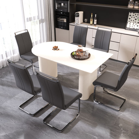 63 'medieval modern cream style MDF dining table and PU armless dining chair set 6. Assemble Desktop and Silver plated metal leg dining chair set, suitable for home&kitchen - sold by Home Elegance USA