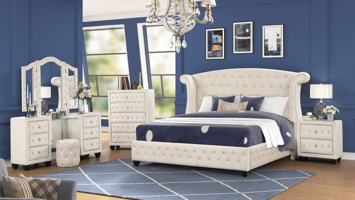 Crystal Tufted Full 5 Pc Vanity Bedroom Set Made with Wood in Cream