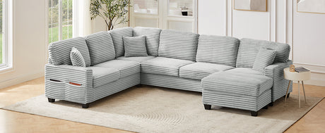 Modern U-shaped Sectional Sofa with Movable Ottoman and Side Storage Pockets, Grey Corduroy, 125.2' - sold by Home Elegance USA