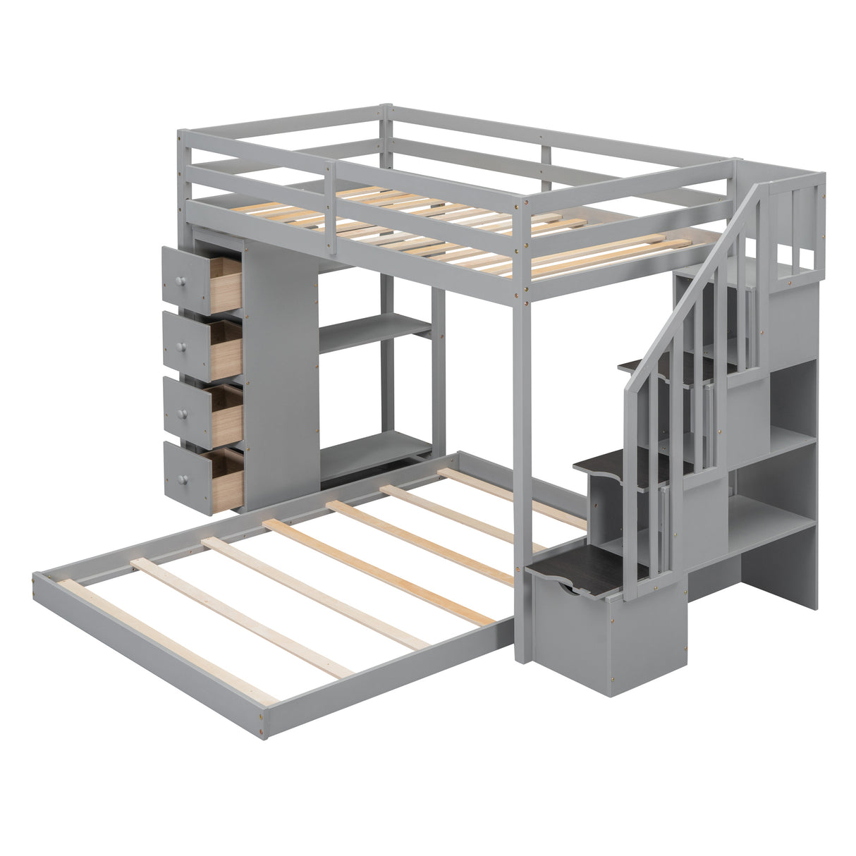 Twin Over Full Bunk Bed with 3-layer Shelves, Drawers and Storage Stairs, Gray - Home Elegance USA