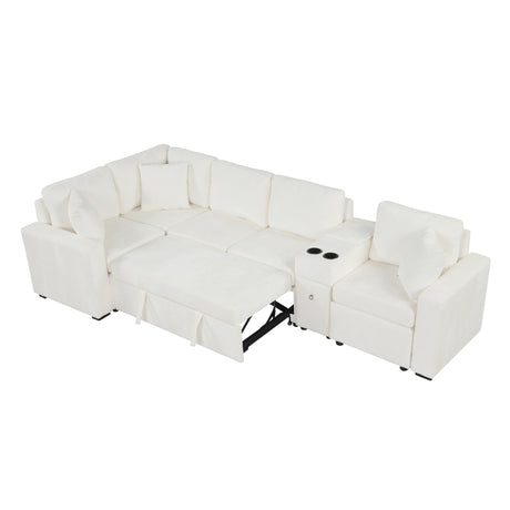 120.5' L-shaped Convertible Sofa Bed Modular Sectional Sofa Reversible Sleeper with Pull-Out Bed, Cup Holders, and Ample Storage Space for Living Room(Old SKU:N719S001940K), White - sold by Home Elegance USA
