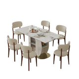 Juego de mesa de comedor moderna de 1,8 m para 4-6 personas con espacio de almacenamiento, tablero de piedra tostada y base de madera maciza dorada, 6 sillas blancas de PU para cocina y apartamento.