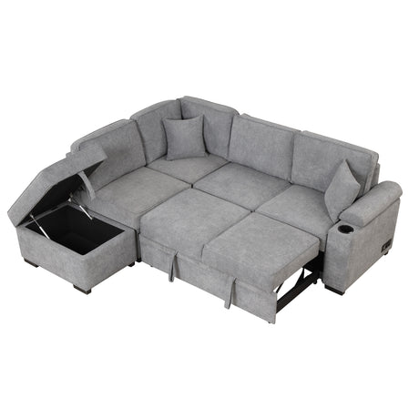 Modern Sleeper Sofa Bed with Storage Ottoman, Gray Linen, 84.75' L Shape Couch for Living Room or Apartment - sold by Home Elegance USA