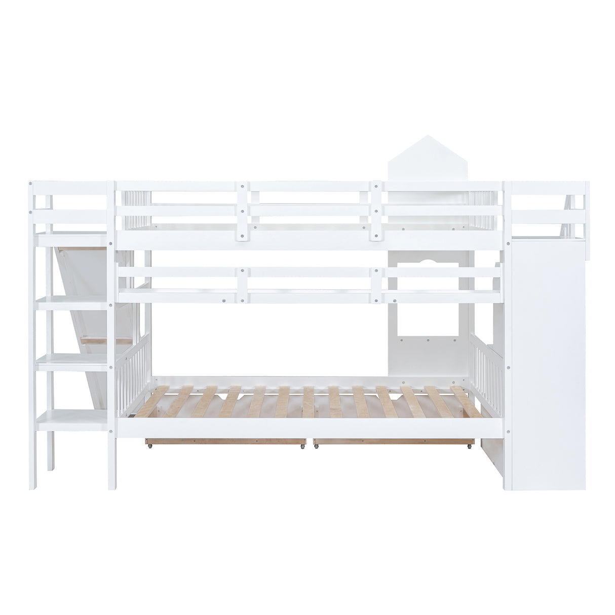 Full-Over-Full Castle Style Bunk Bed with 2 Drawers 3 Shelves and Slide - White - Home Elegance USA