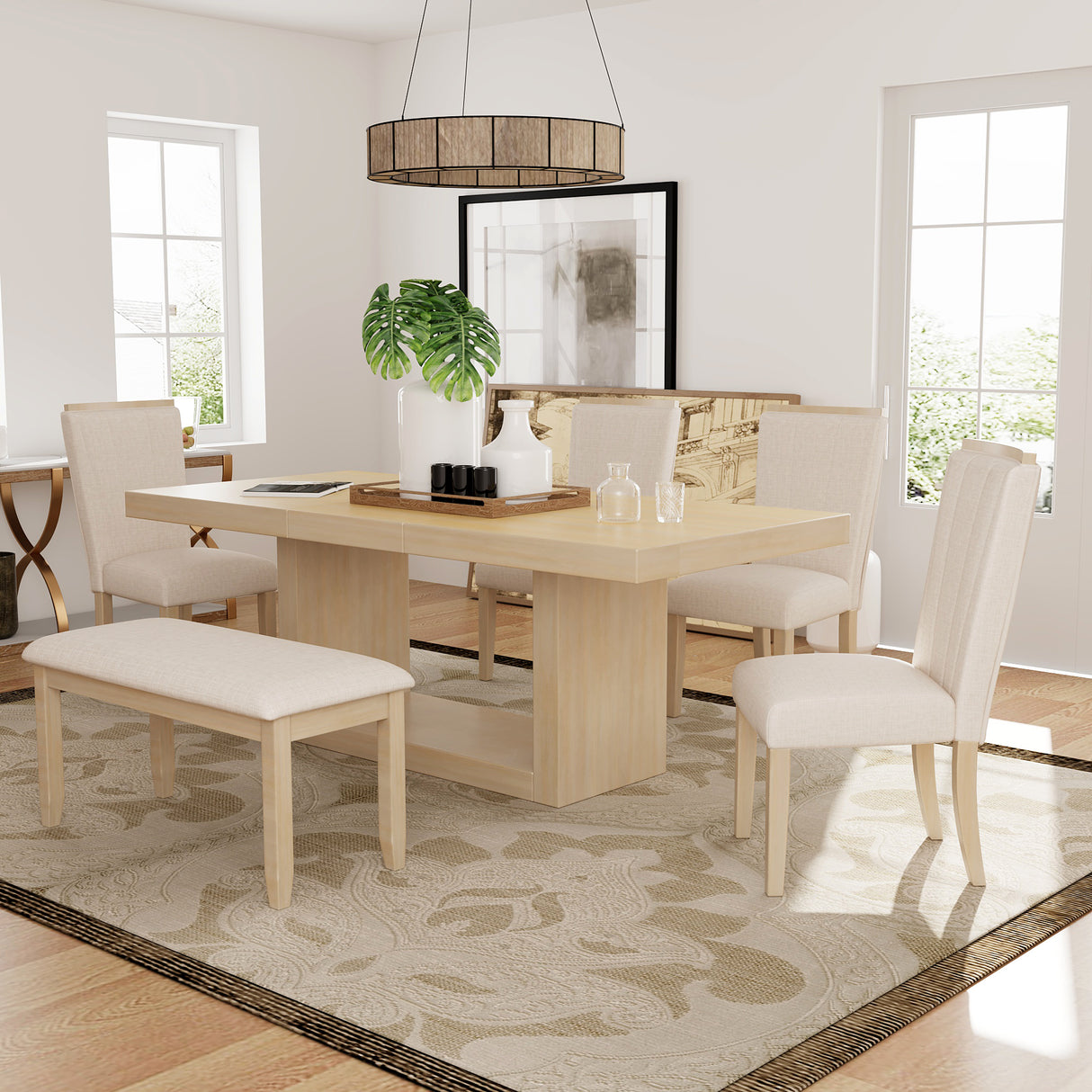 TOPMAX Contemporary 6-Piece 78inch Extendable Pedestal Dining Table Set with 18inch Removable Leaf and Dining Bench, 4 Upholstered Dining Chairs, Natural(OLD SKU:SP000054AAA)