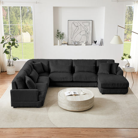 Modern Oversized U-shaped Sectional Sofa with Chaise Lounge Upholstered in Soft Black Corduroy - sold by Home Elegance USA