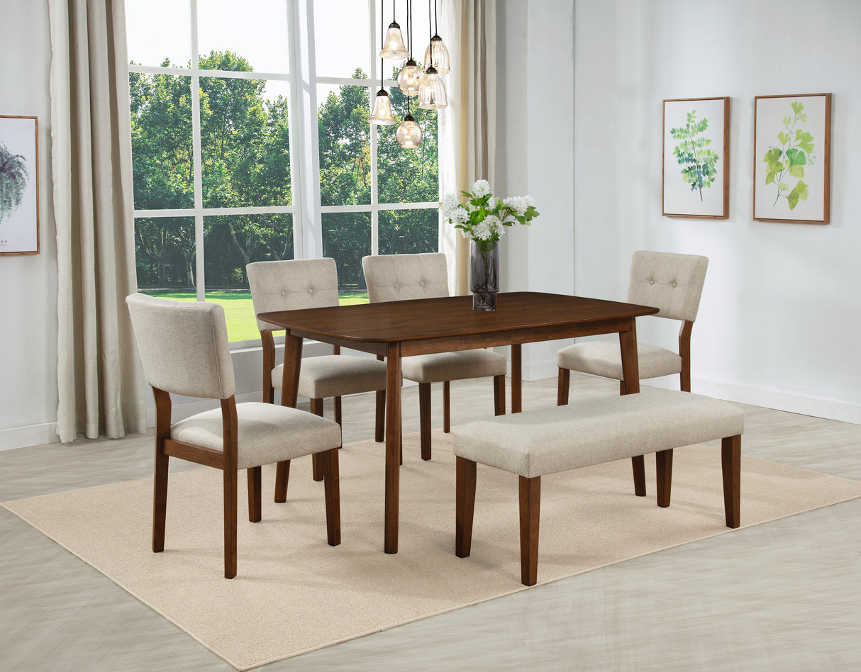 Juego de comedor moderno de mediados de siglo de 6 piezas, mesa rectangular, acabado en madera cálida, silla tapizada, banco, muebles de comedor de madera marrón.