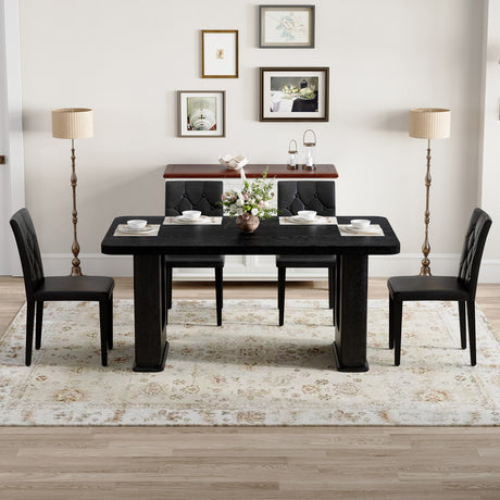 Table and chair set.64.5 x 35.4 Inch Stylish Black Wood Color Textured Dining Table.4-pack black PU dining chairs: ergonomic buckle backrest.Exudes A Strong Sense Of Fashion. - sold by Home Elegance USA