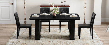 Table and chair set.64.5 x 35.4 Inch Stylish Black Wood Color Textured Dining Table.4-pack black PU dining chairs: ergonomic buckle backrest.Exudes A Strong Sense Of Fashion. - sold by Home Elegance USA