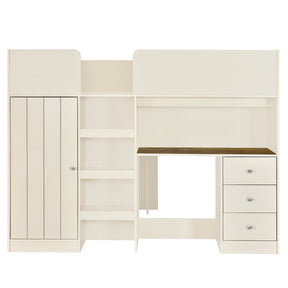 Beige Wood Full Size Loft Bed with Built-in Wardrobe, Desk, Shelves, and Drawers - Pine Wood + MDF