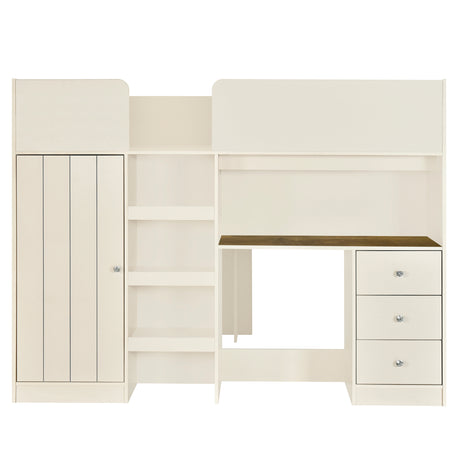 Beige Wood Full Size Loft Bed with Built-in Wardrobe, Desk, Shelves, and Drawers - Pine Wood + MDF
