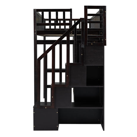 Twin size Loft Bed with Bookshelf,Drawers,Desk,and Wardrobe-Espresso - Home Elegance USA