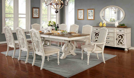 Antique White Dining Room 9pc Set Table W Leaf And 6x Side Chairs 2x Arm Chairs Ivory Fabric Upholstered Seat