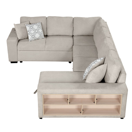 Beige Chenille U-Shaped Sectional Sofa with Pull-out Bed, USB Ports, Storage Chaise & Back Pillows - sold by Home Elegance USA