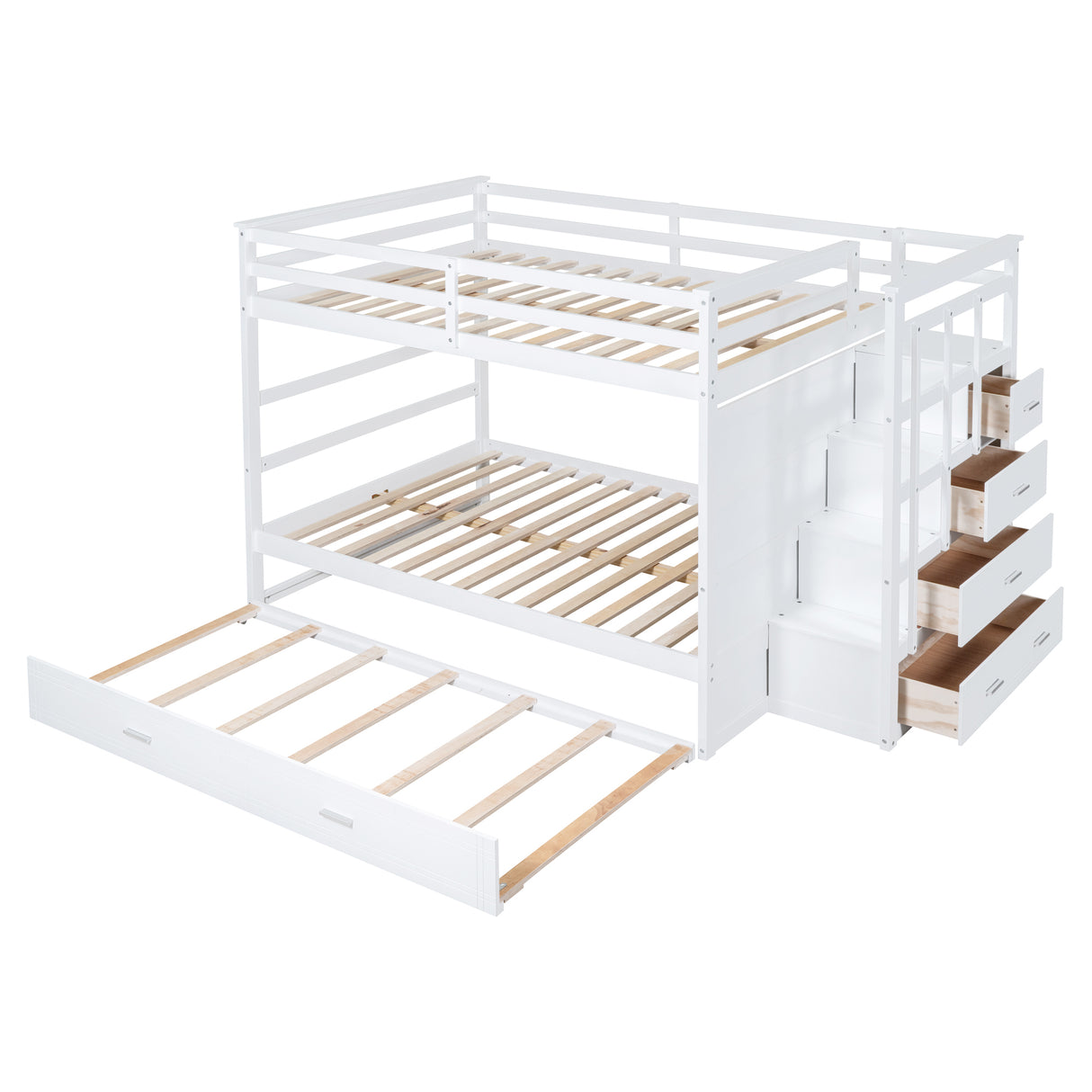 Full Over Full Bunk Bed with Twin Size Trundle and Staircase, White - Home Elegance USA