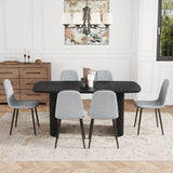 Table and chair set.67 * 35.4 inch black wood grain MDF dining table: a simple and luxurious, stable choice.Paired With 6 Light Gray Linen-Cotton Material High Resilience Dining Chair with Metal Leg.