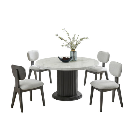 Valencia 5-Piece 54' Round White Faux Marble Dining Set with Gray PVC Upholstered Pedestal Base & Light Gray Fabric Chairs - sold by Home Elegance USA