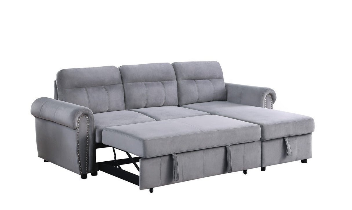 Ashton Gray Velvet Fabric Reversible Sleeper Sectional Sofa Chaise | Home Elegance USA