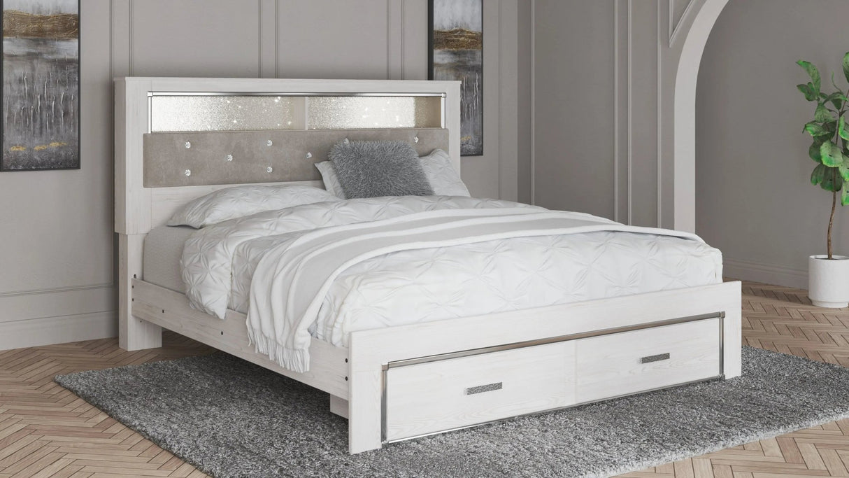 Altyra - White - King Upholstered Bookcase Bed With Storage - 9 Pc - Dresser, Mirror, Chest, King Bed, 2 Nightstands | Ashley